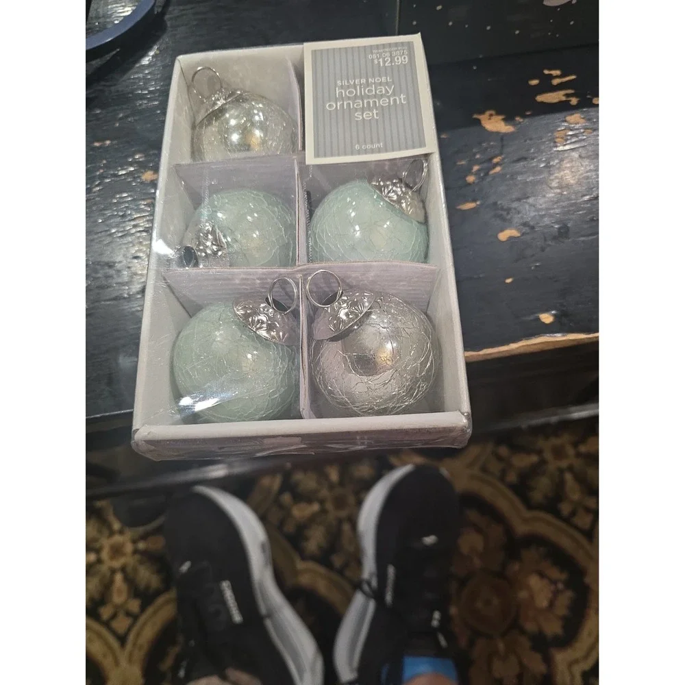 2008 Target Silver Noel Holiday Ornament Set Crackle Glass